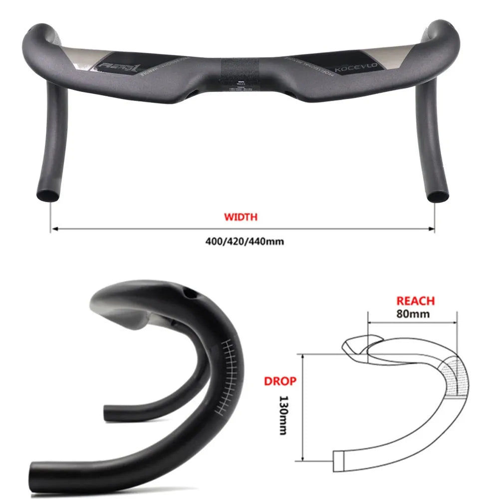 Wei Bike matt carbon fibre road bike drop handlebar, bent shape, black finish, on white background