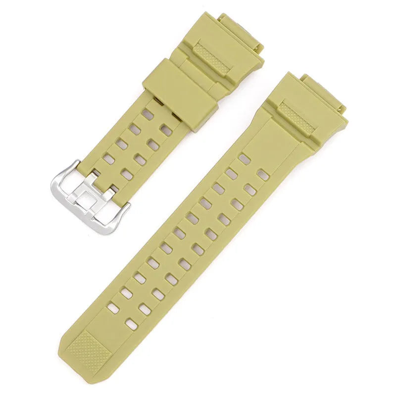 Camouflage pattern TPU watch strap with silver buckle, shown in multiple colour options.