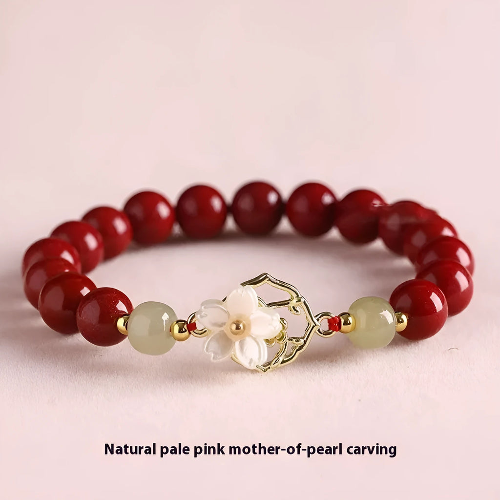 Natural Hetian jade white butterfly bells of Ireland sinology bracelet with cinnabar lotus motif, New Chinese style, 8mm beads, wrist size 18cm