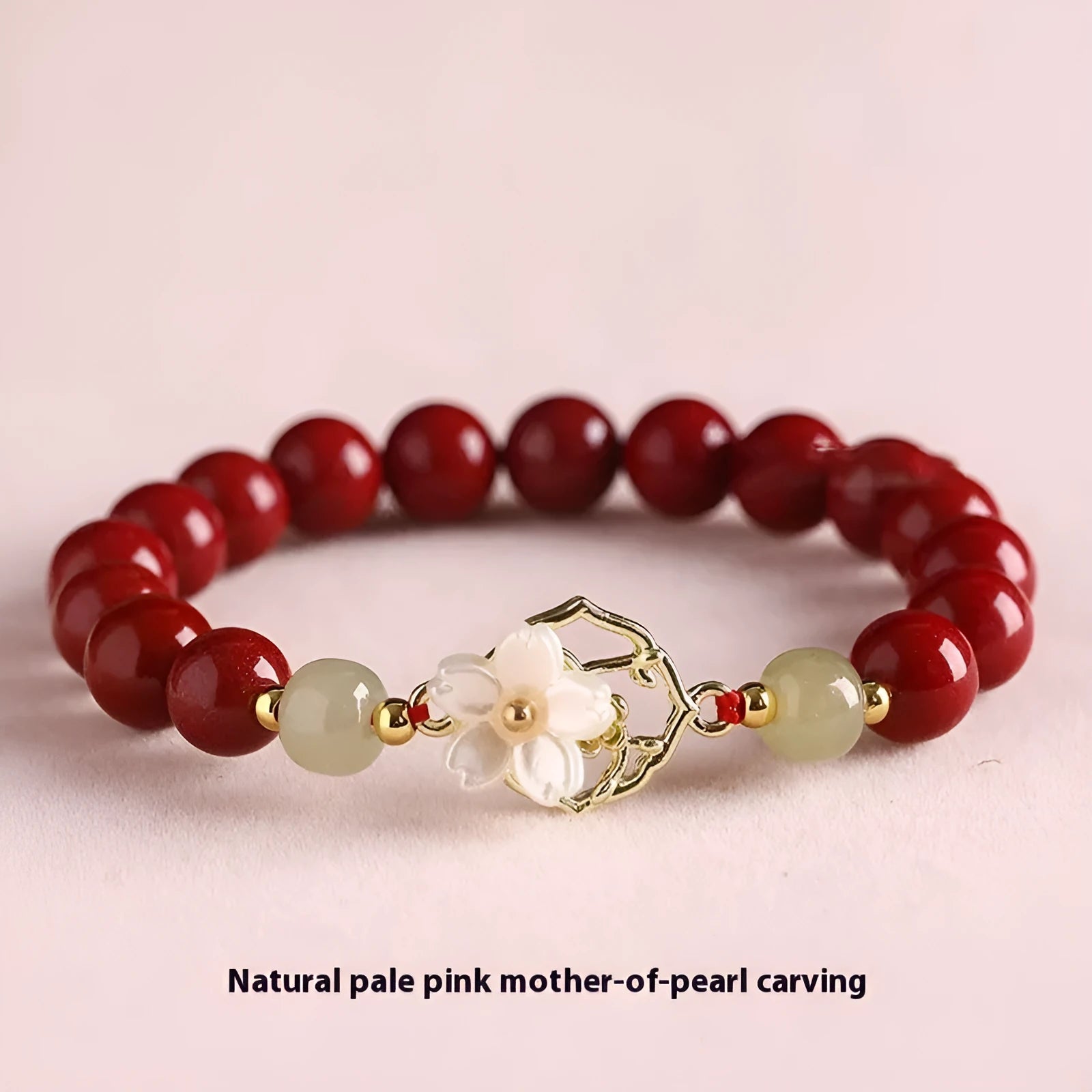 Natural Hetian jade white butterfly bells of Ireland sinology bracelet with cinnabar lotus motif, New Chinese style, 8mm beads, wrist size 18cm