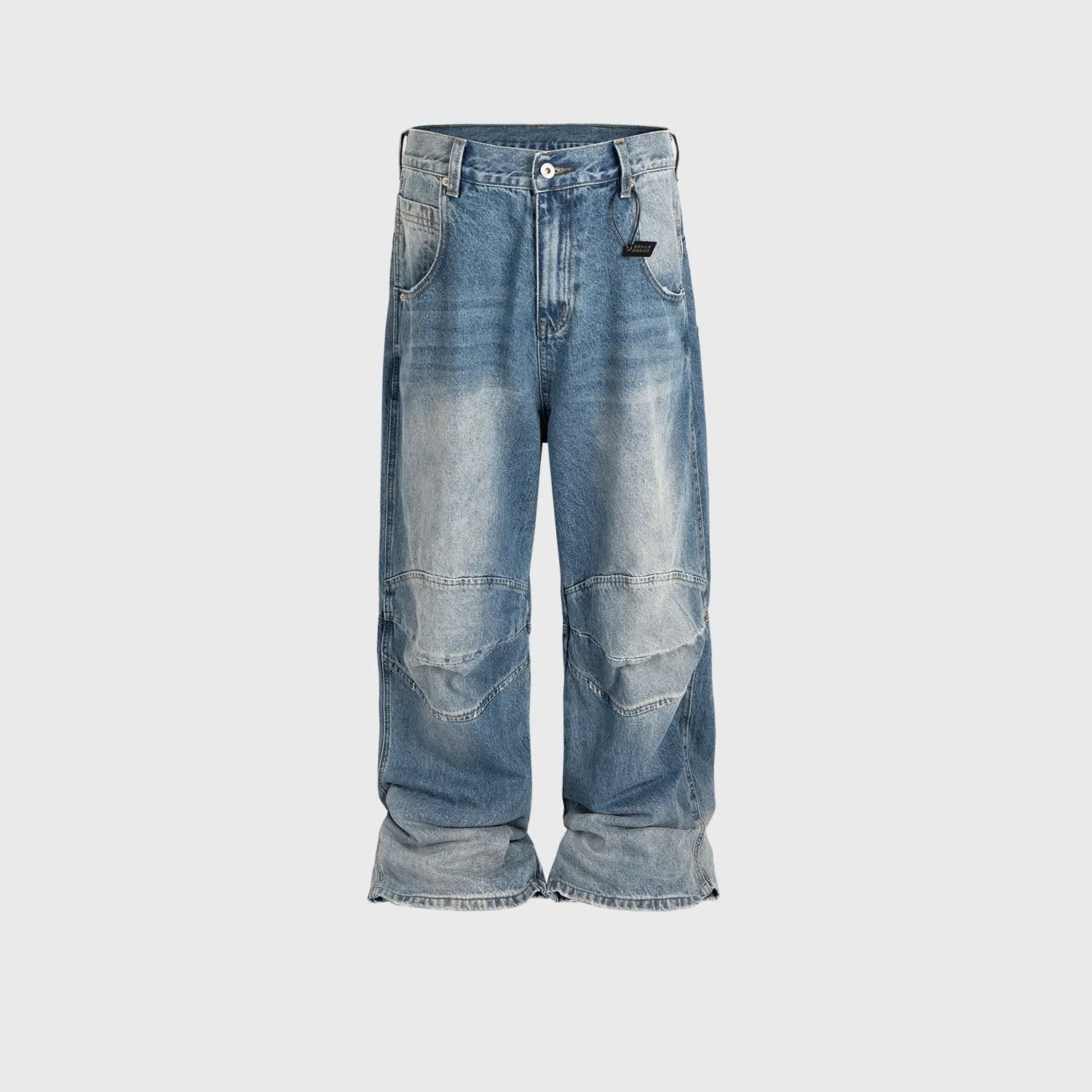 Profile Pleated baggy straight-leg washed white blue jeans on model