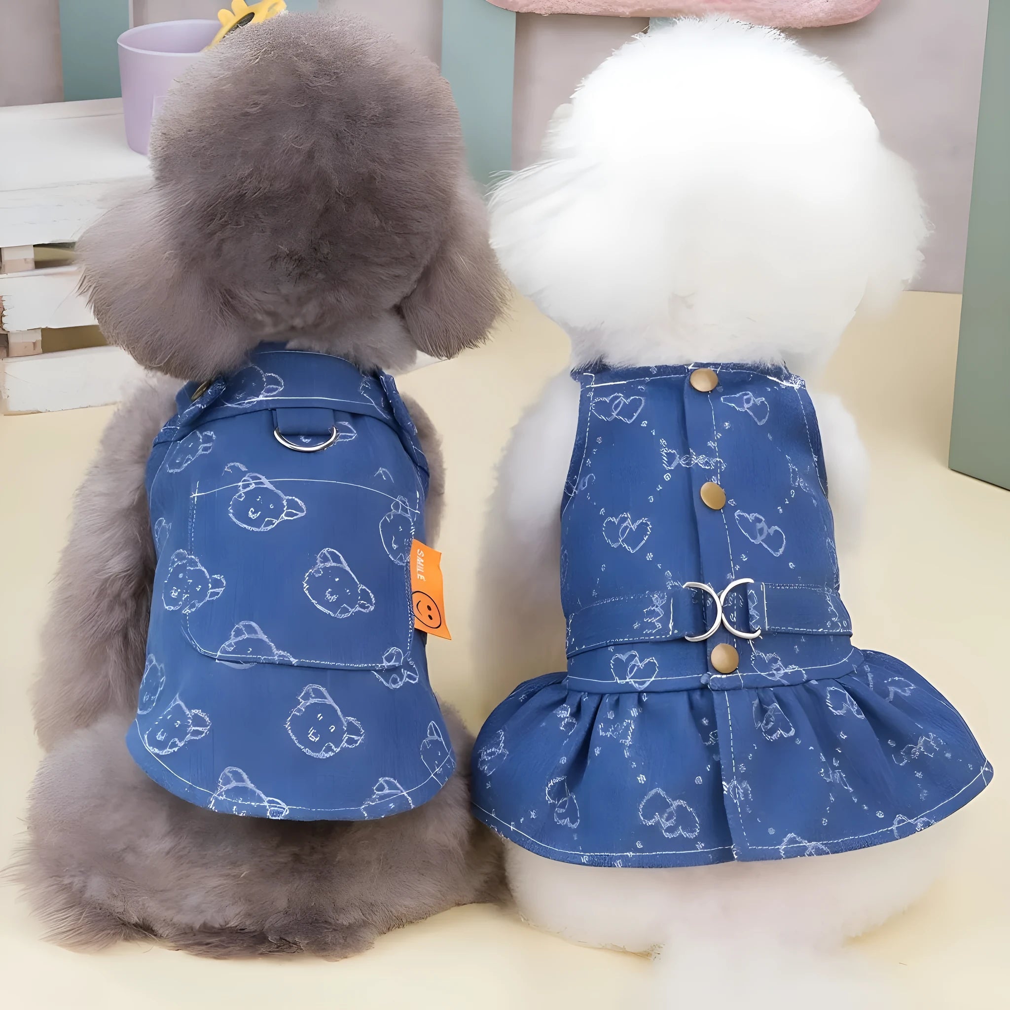 Teddy Bichon dog wearing denim princess dress with bracket design for spring and autumn seasonal wear