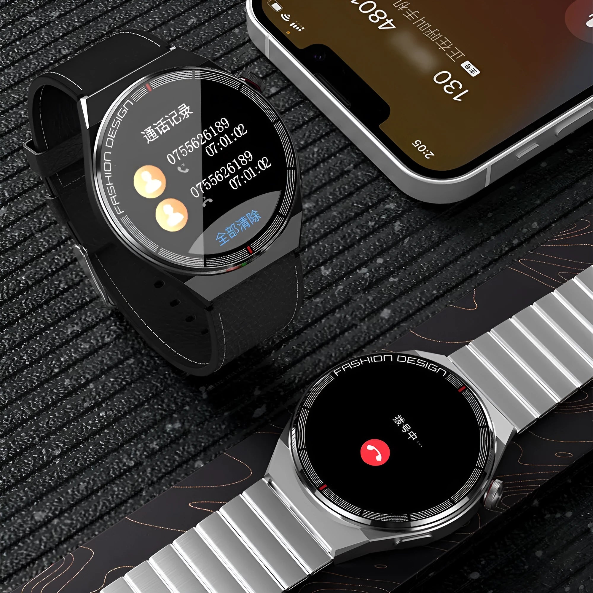 Black and silver Bluetooth NFC smartwatch with 1.28 inch glass screen and silicone strap for heart rate monitoring