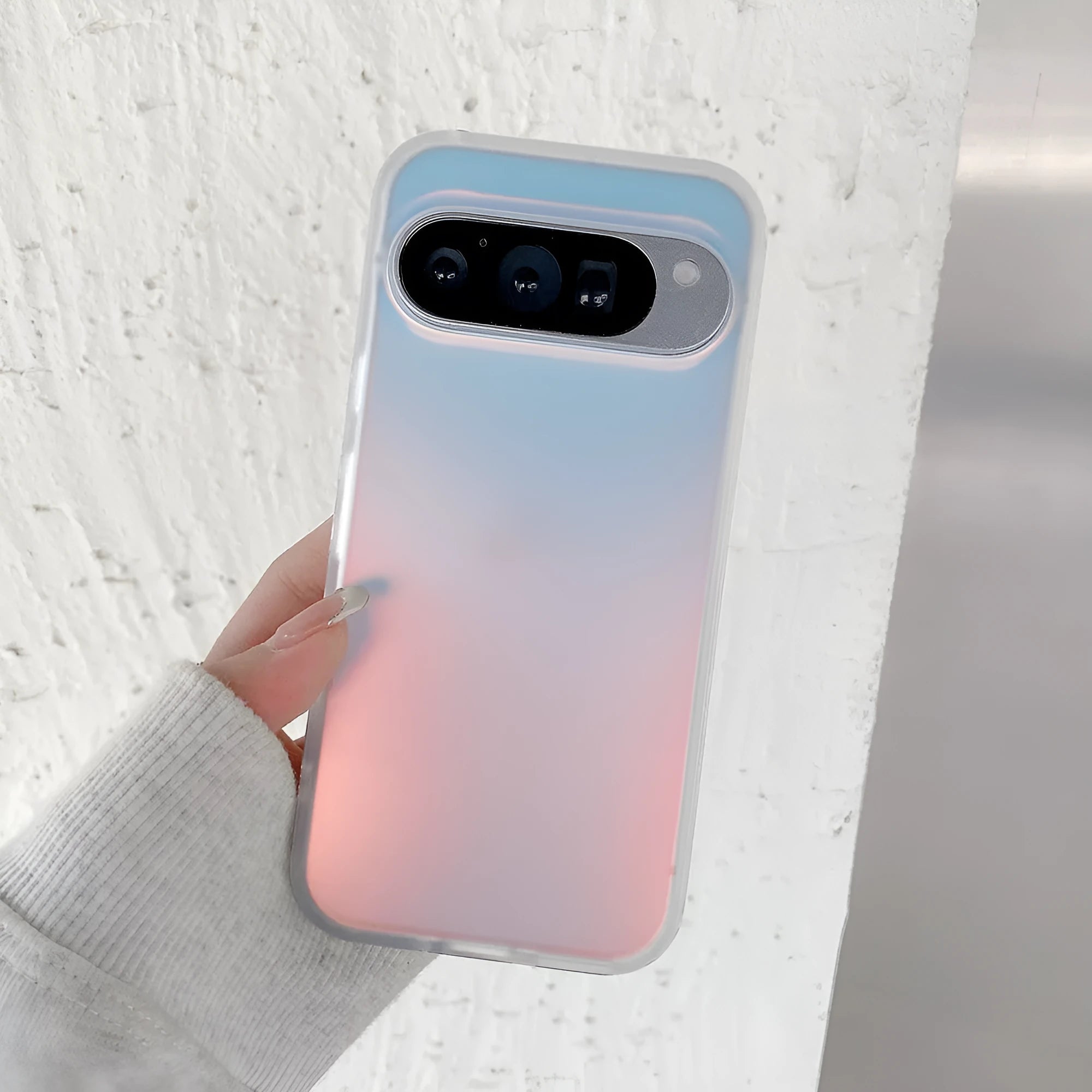 Transparent colourful frosted laser phone case for Google Pixel smartphones on a table