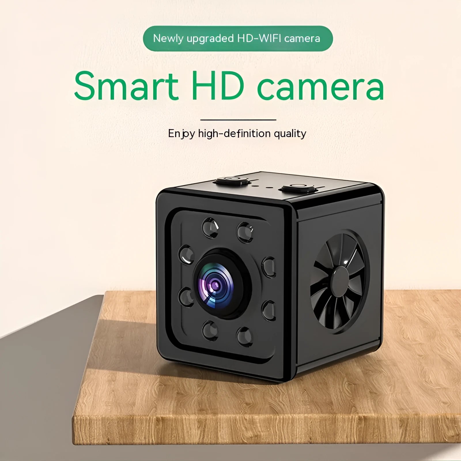 Black square K13 HD network sports camera with bracket on a dark surface.