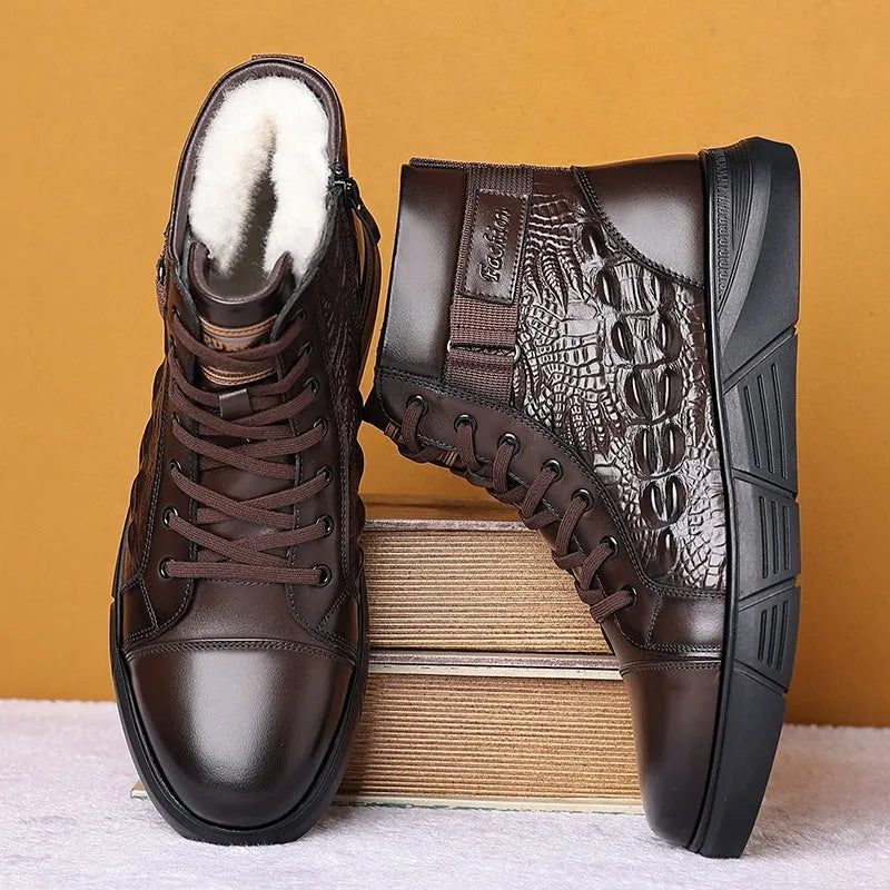 Men's black winter boots with fur lining, genuine leather uppers, and rubber soles shown with lace-up front