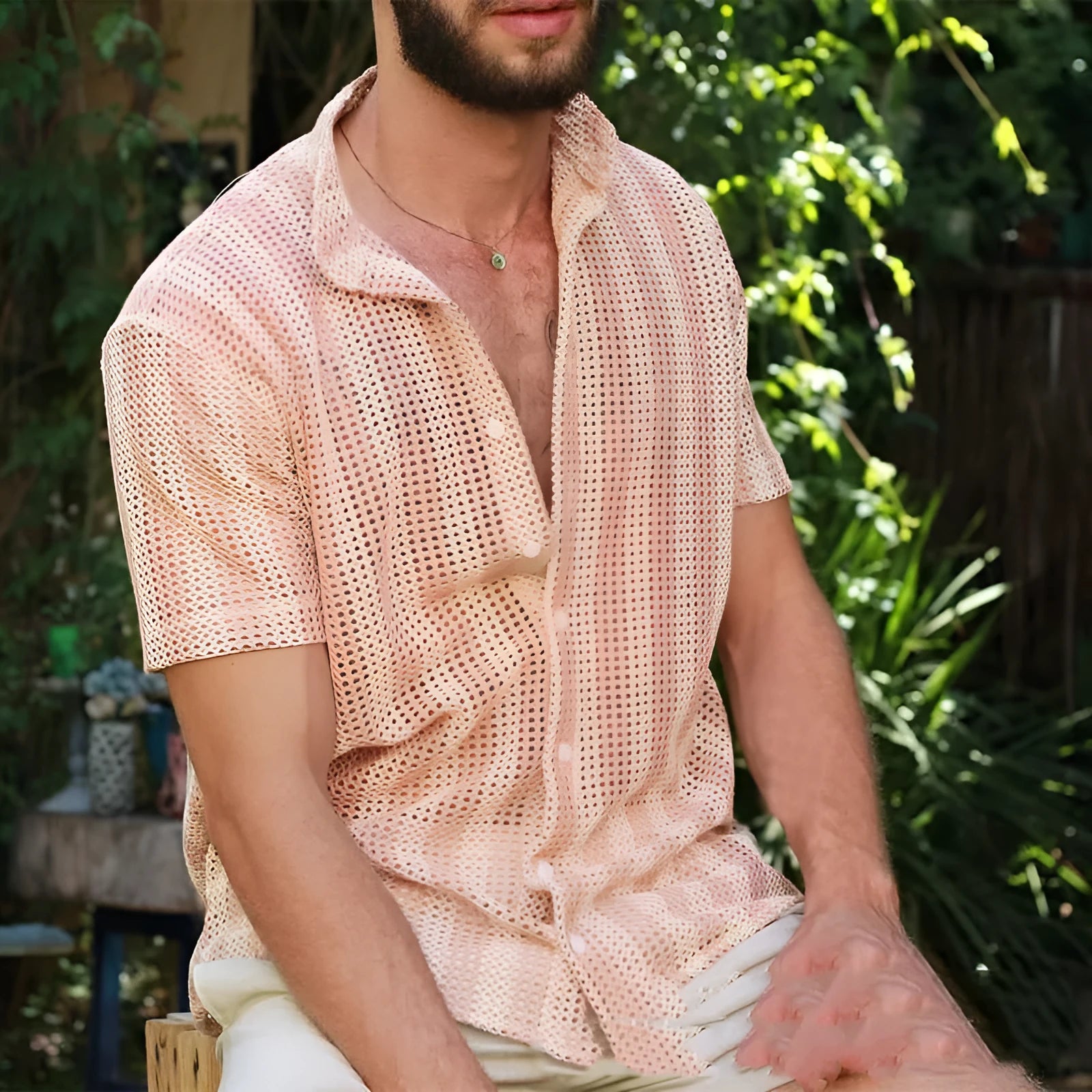 Men's pink waffle texture loose cardigan shirt with short sleeves on hanger
