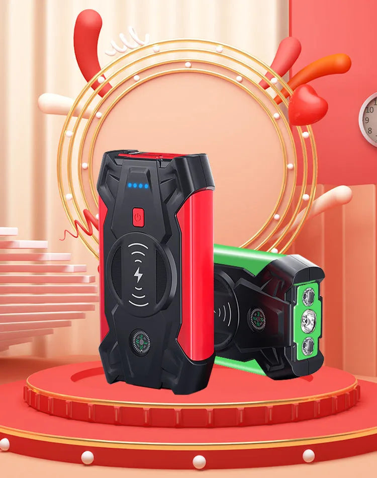 Red car emergency jump starter power bank with digital display and heavy-duty battery clips