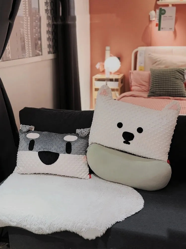 Grey schnauzer and white West Highland puppy printed decorative sofa cushion pillow.