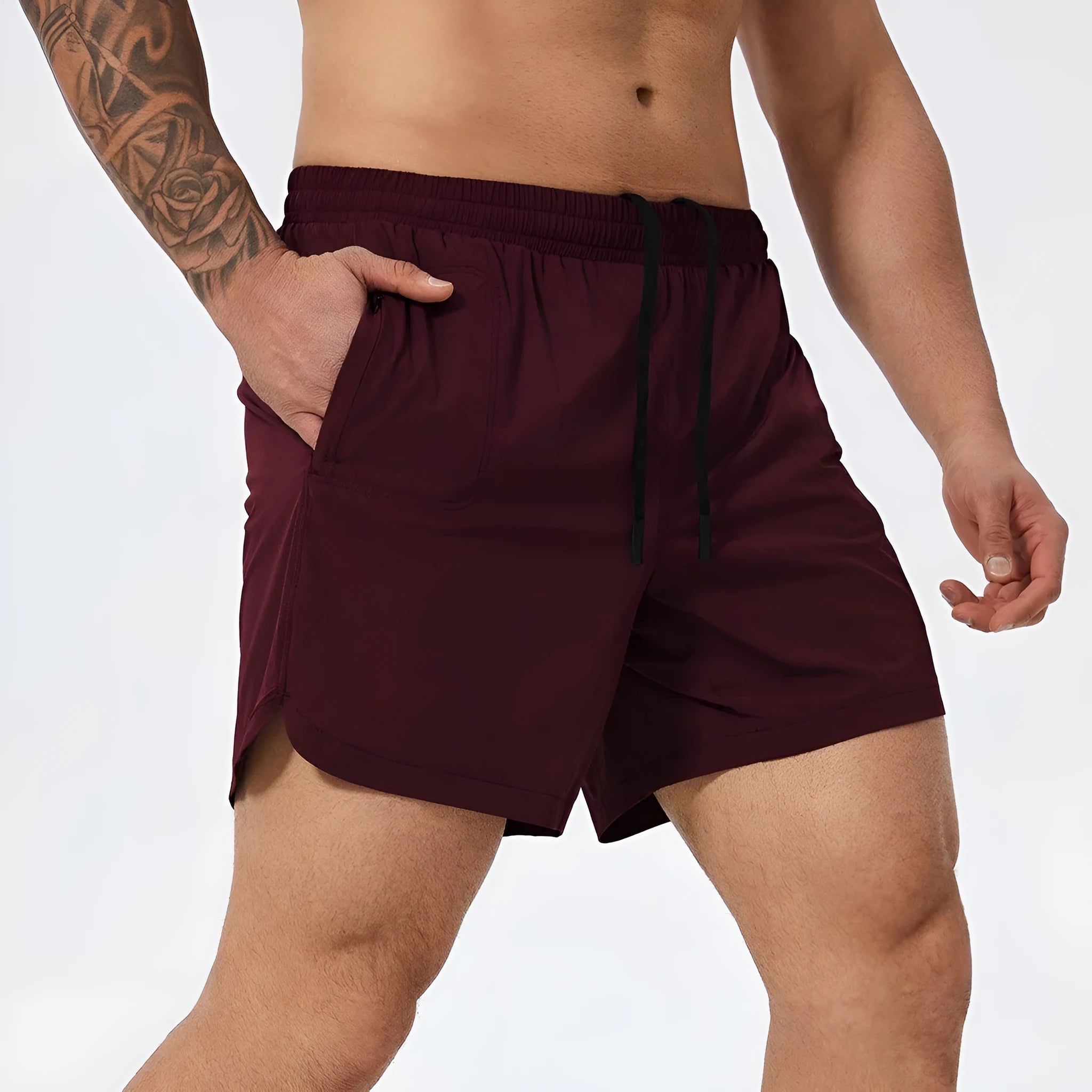 Men's moisture-wicking nylon running basketball tennis shorts in black, mid waist design