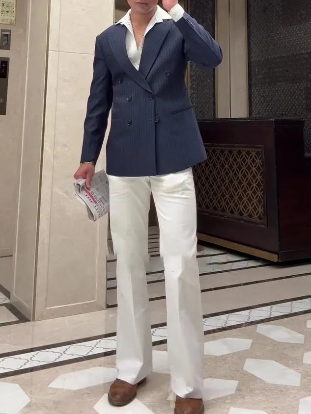 Men's striped double-breasted blazer in polyester for business casual wear