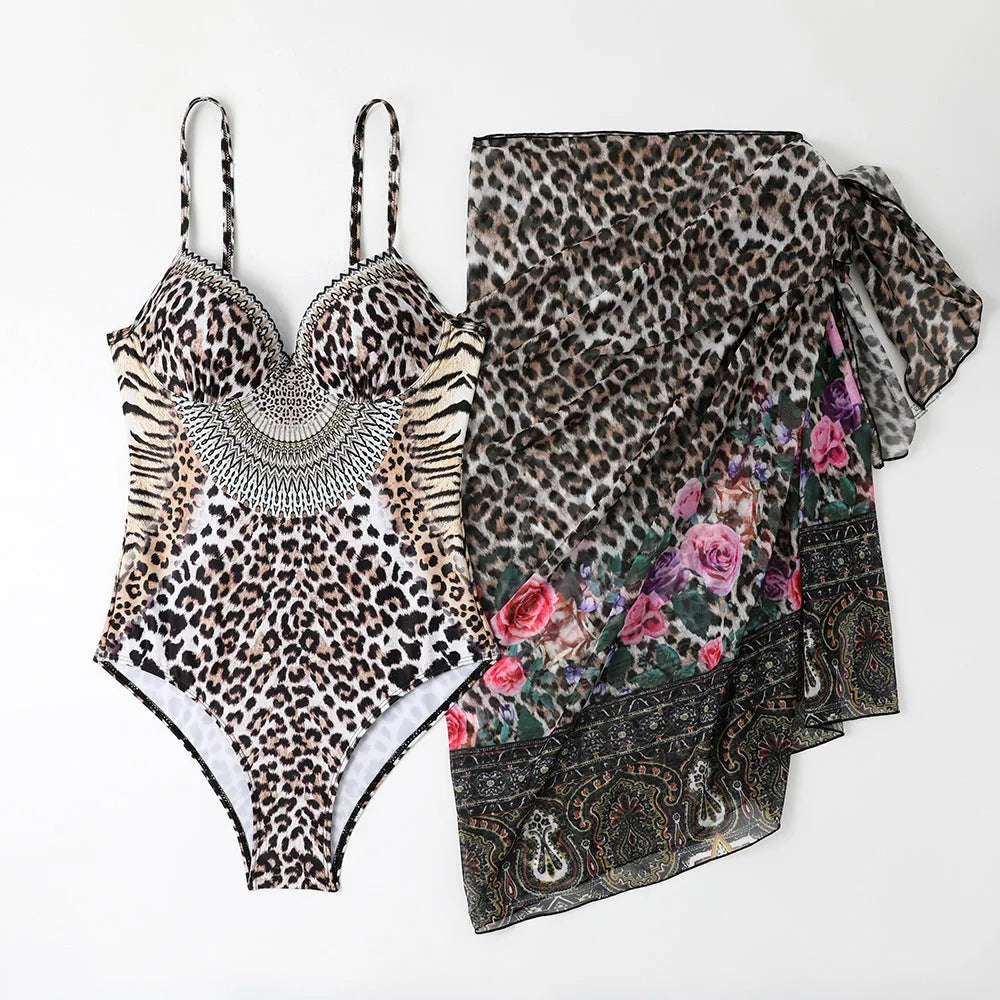 Women's leopard print one-piece swimsuit with mesh long dress and pants set for swimming and pool lounging