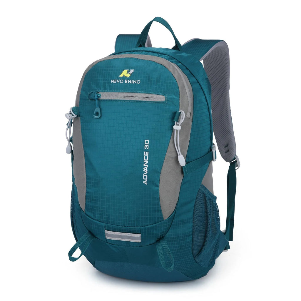 Nylon waterproof 30L backpack with air pillow straps, solid colour design, available in dark green, black, blue, gray, red