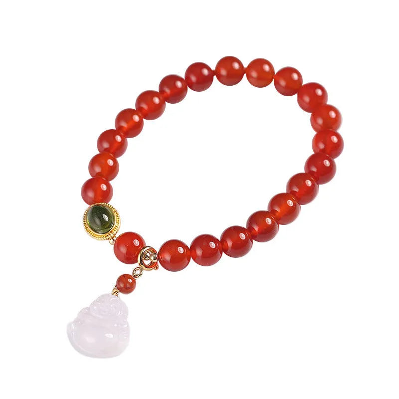 Chinese style women's bracelet with red agate, amber beads and gold Maitreya Buddha pendant on wrist