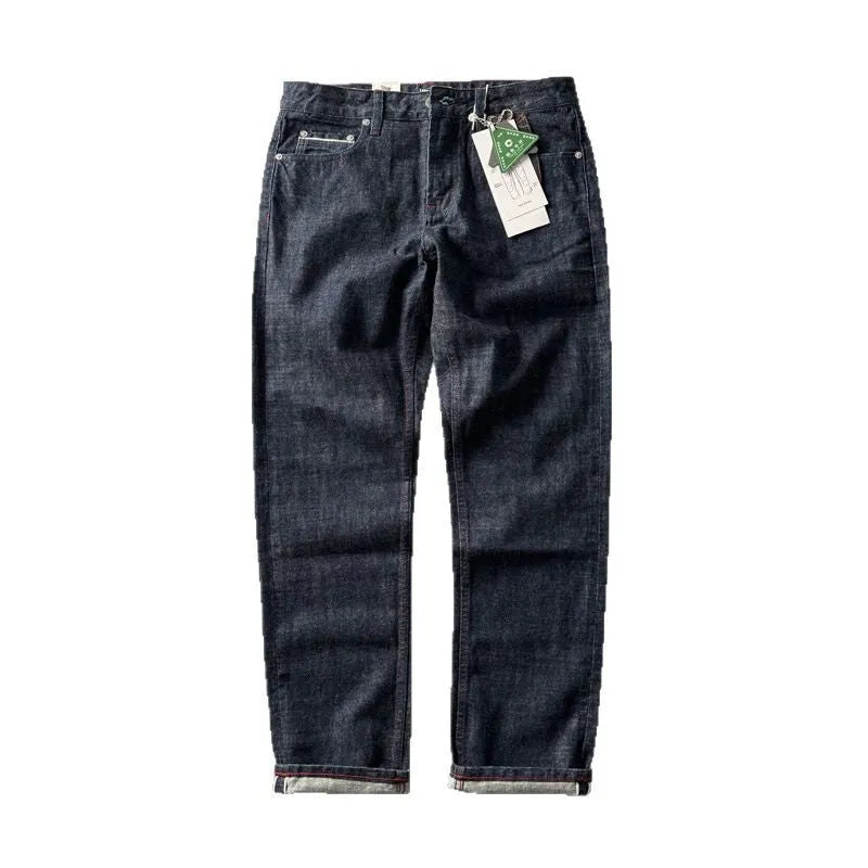 Men's straight leg jeans in primary colour cotton denim fabric with non-elastic waistband