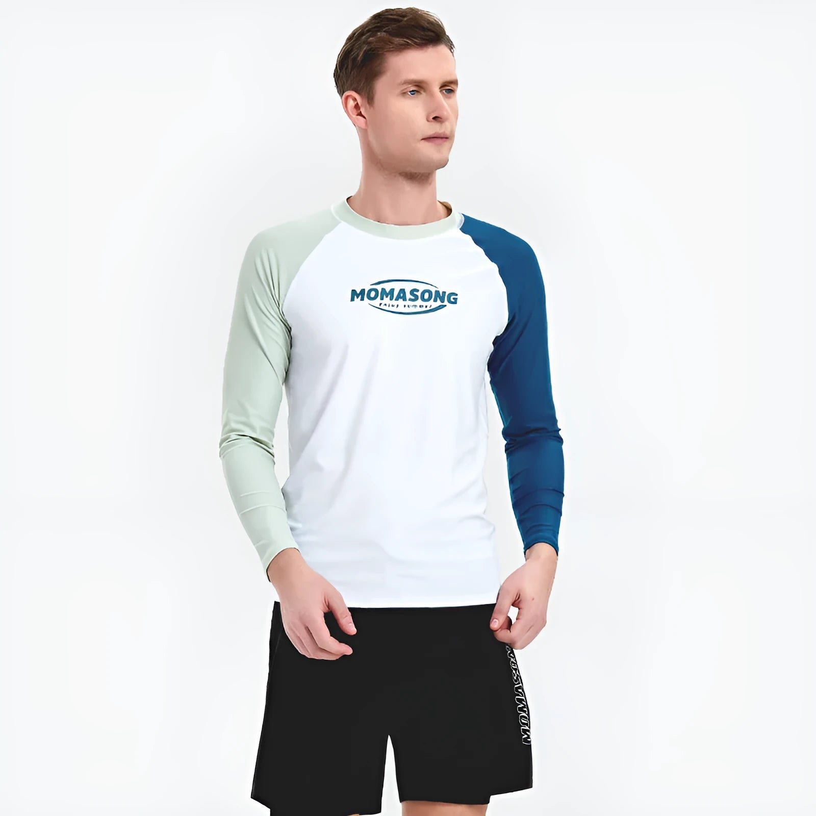 Men's long-sleeved white top swimsuit with matching trunks for outdoor water sports