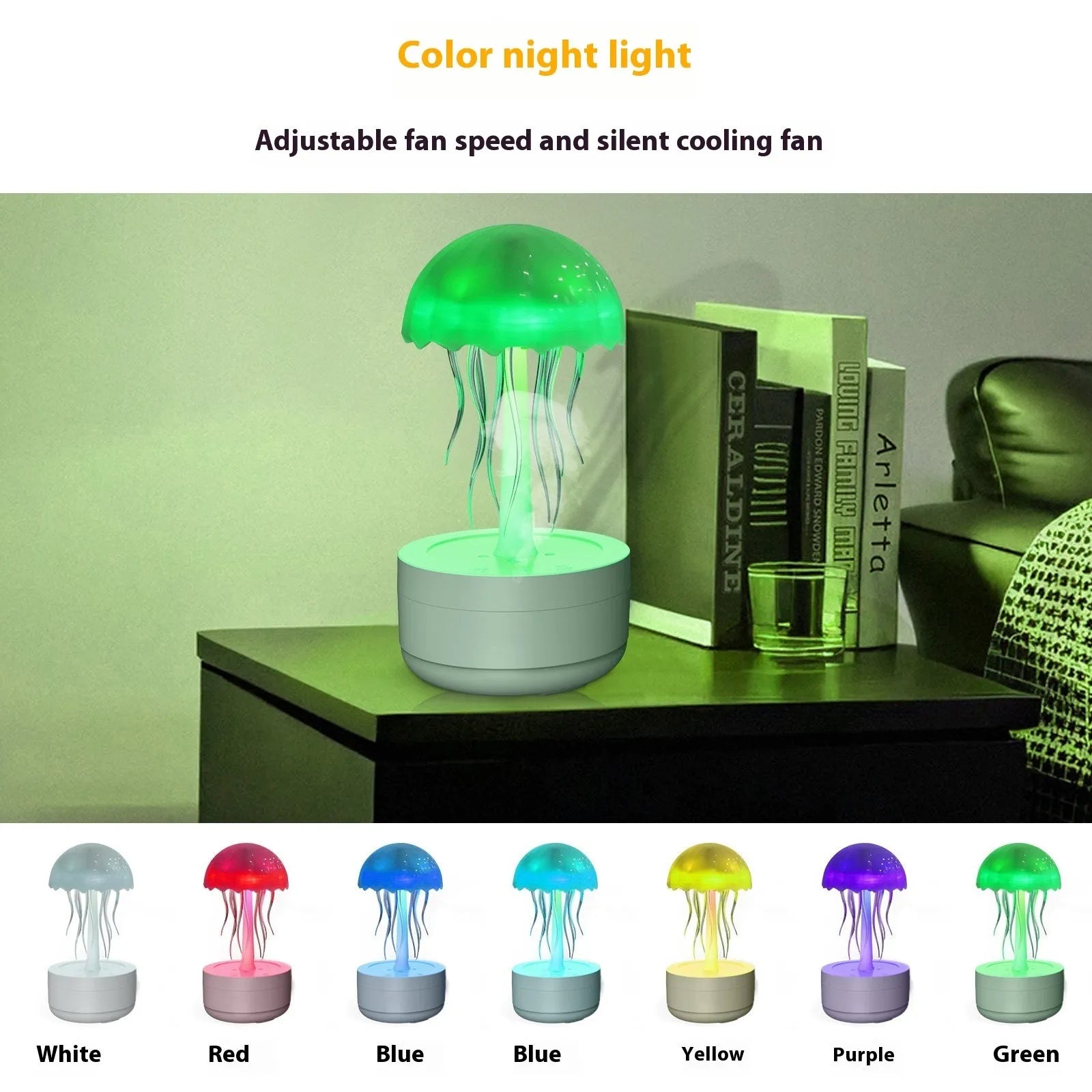 White resin jellyfish humidifier diffuser with 7-colour night light and touch controls on a desk