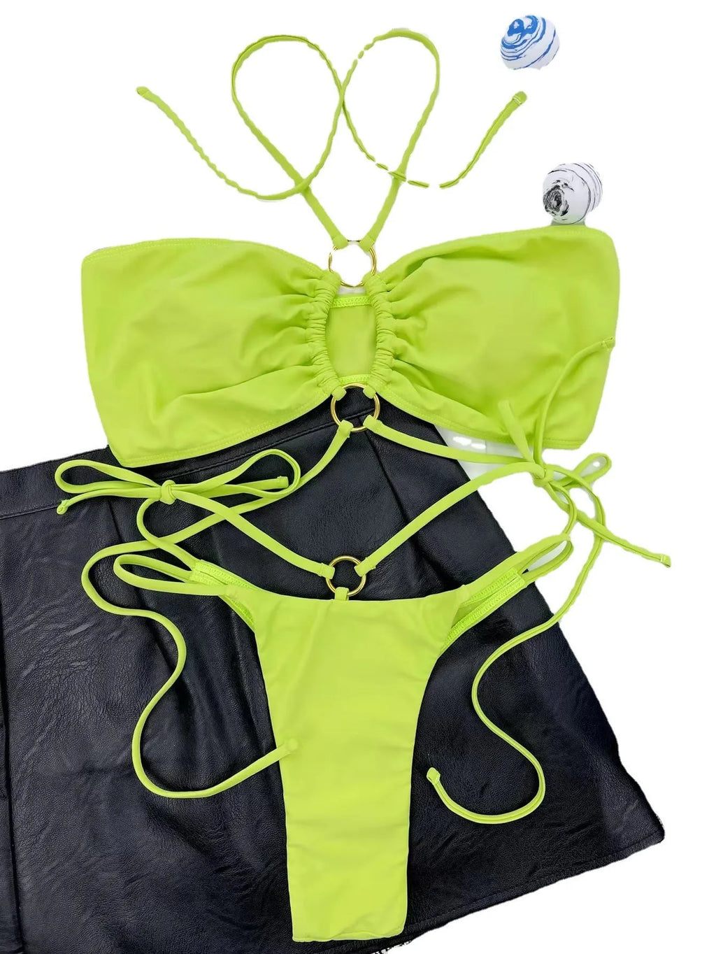 Women's yellow green nylon lace-up triangle bikini swimsuit with adjustable front ties
