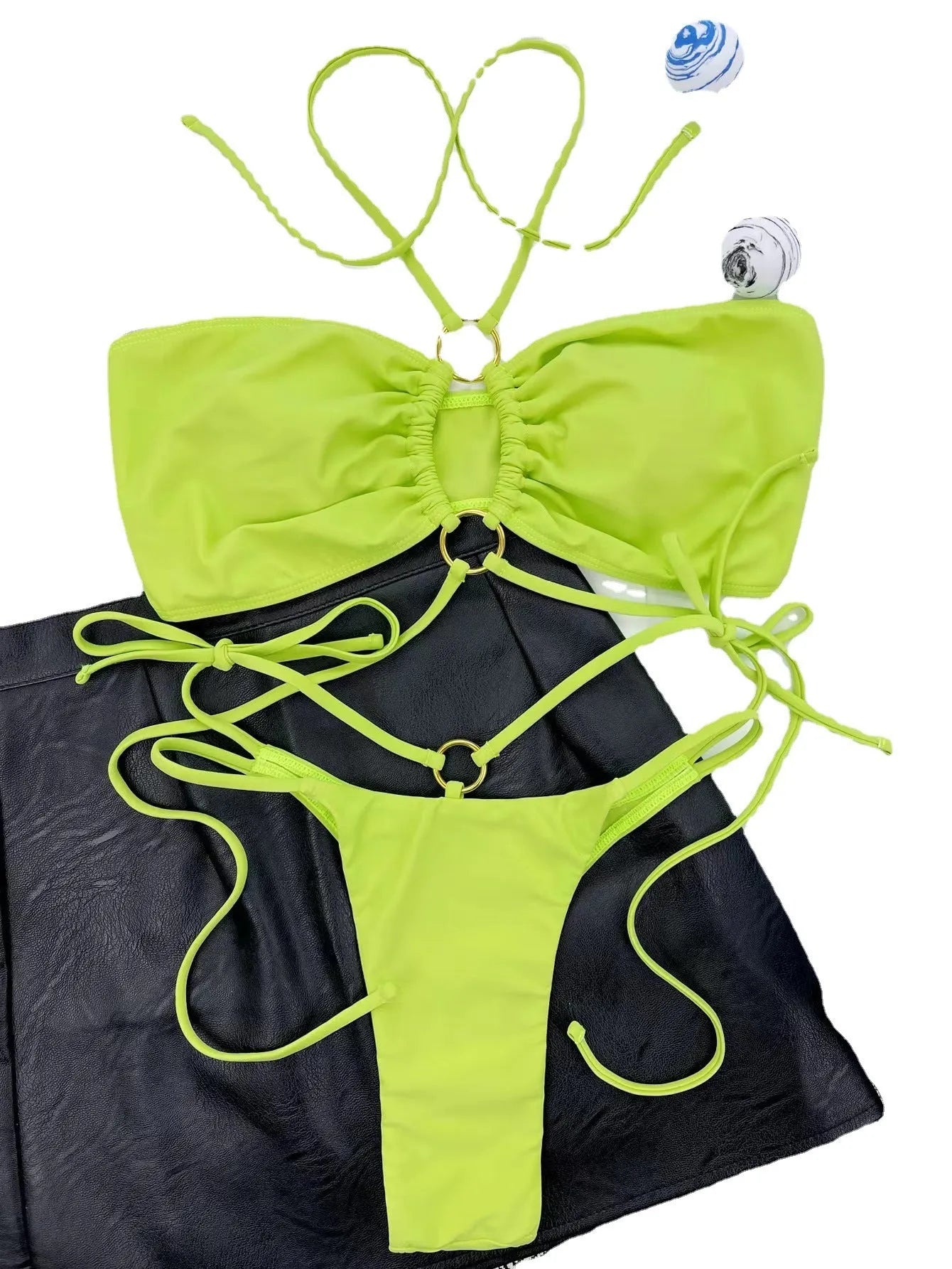 Women's yellow green nylon lace-up triangle bikini swimsuit with adjustable front ties