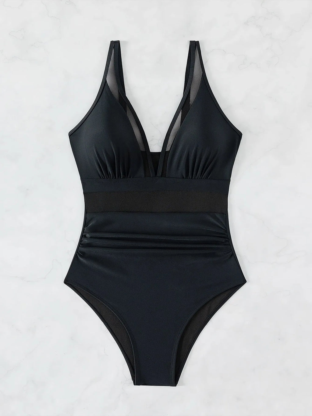 Black women's one-piece swimsuit with halter neck and mesh fabric panelling.