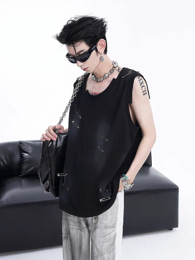 Black men's sleeveless vest with ripped irregular cut design and round neck collar.