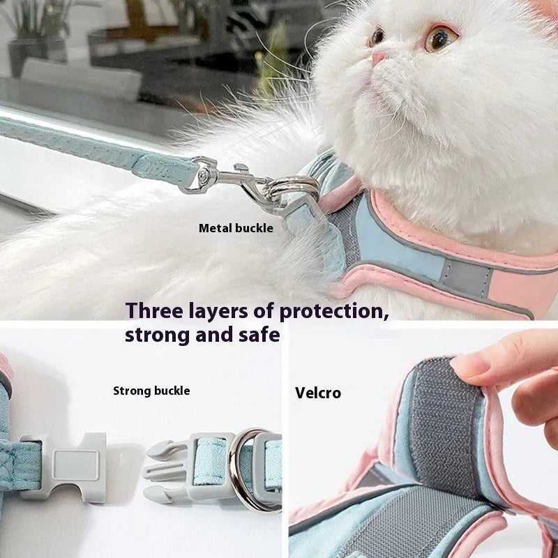 Suede cat pulling rope vest with reflective chest strap and hand rope in blue pink stitching