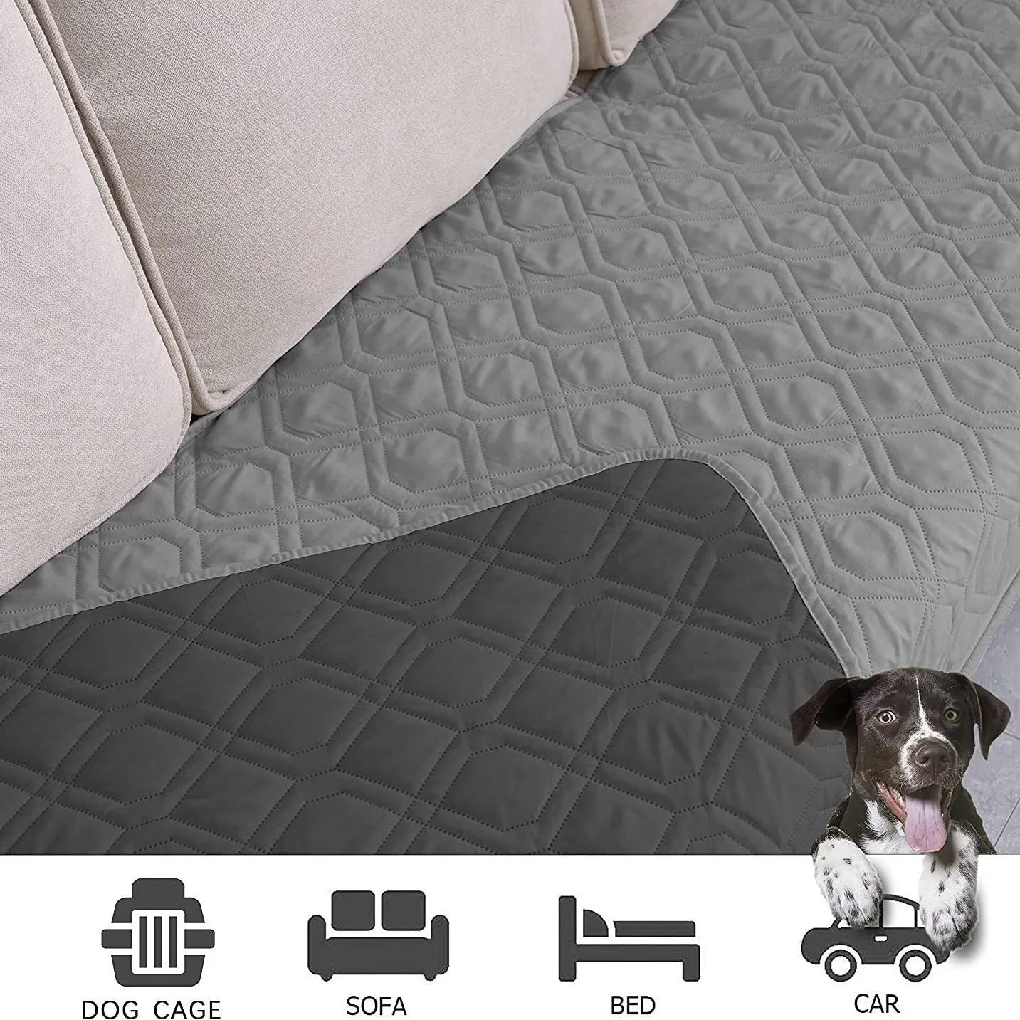 Reversible dog blanket on sofa showing two colour sides, protecting furniture from pets