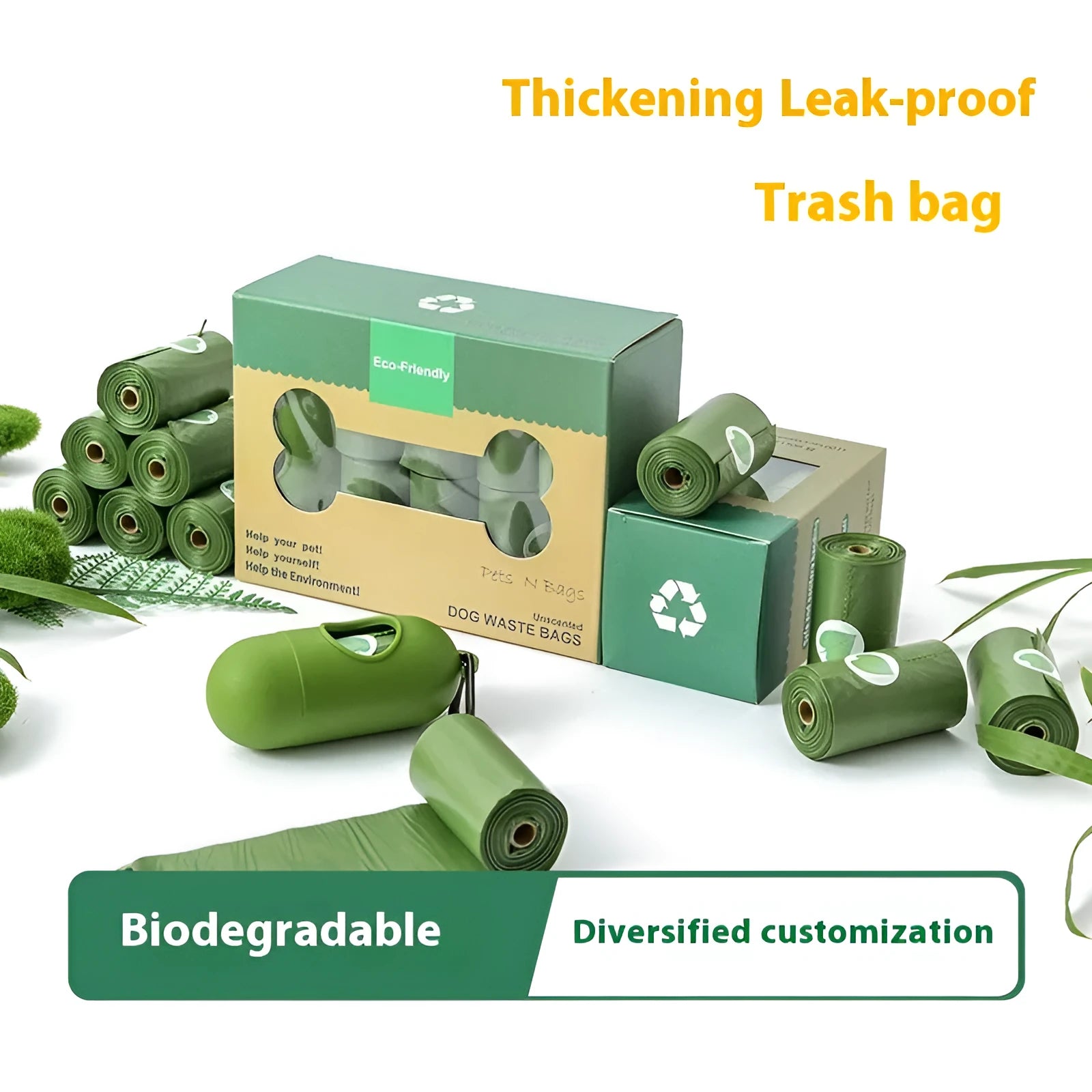 Green degradable pet waste bags with dispenser for dog cleanup