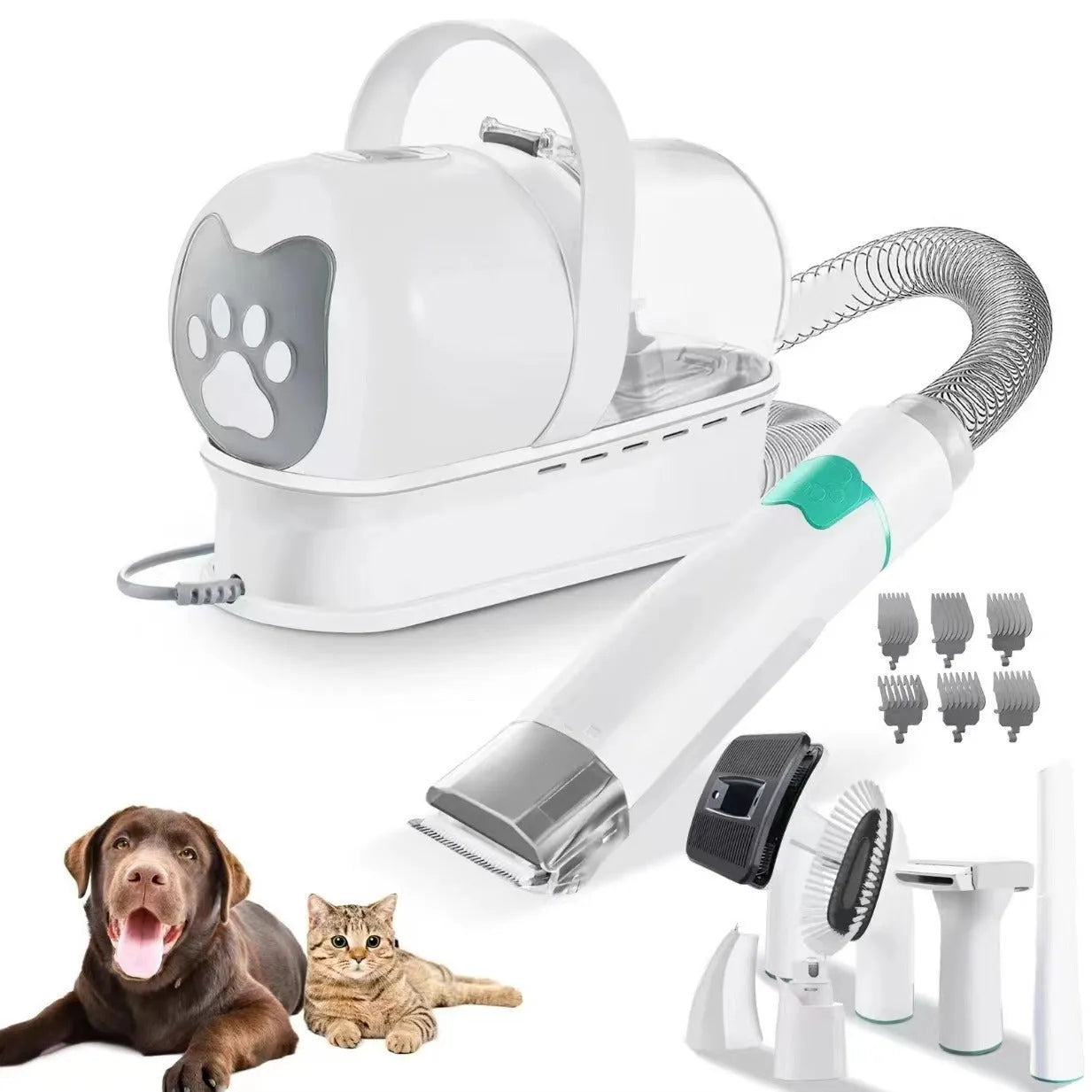 White 7-in-1 vacuum pet grooming device with lady shaver set, designed for dogs, ABS construction