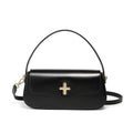 Genuine leather horizontal square baguette bag in black with lock detail