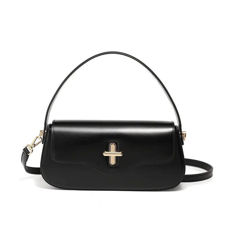 Genuine leather horizontal square baguette bag in black with lock detail