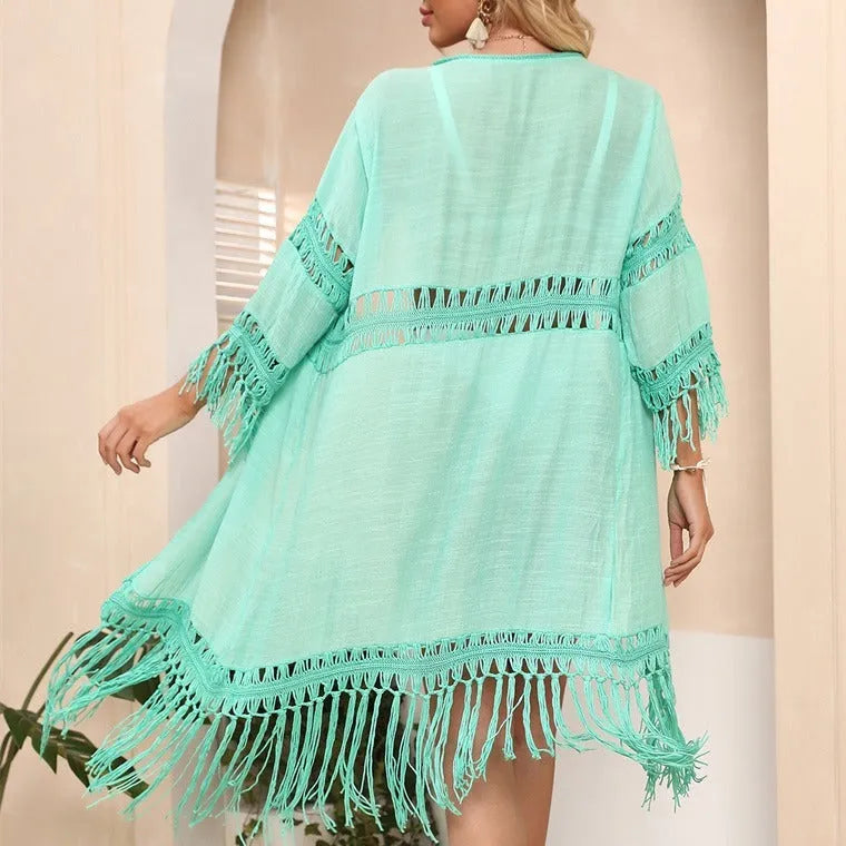 Hand-crocheted women's beach cover-up cardigan with tassel detailing in water green colour