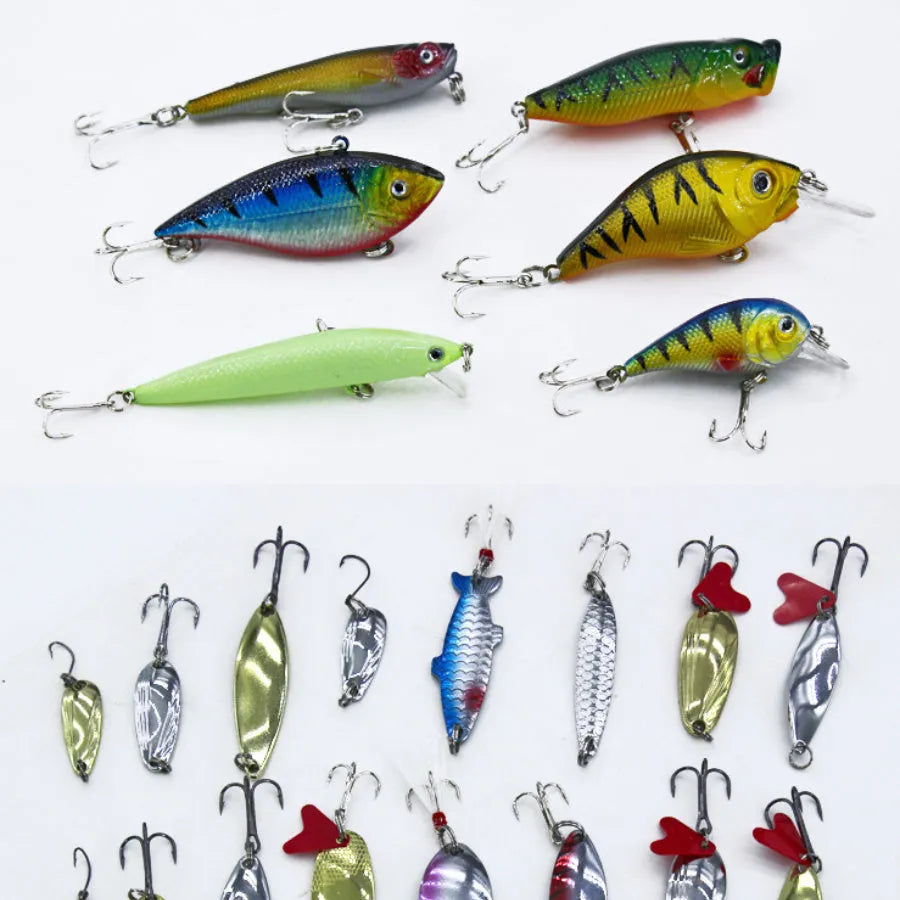 132-piece fishing lure set with soft plastic baits and steel hooks in rose red colour scheme