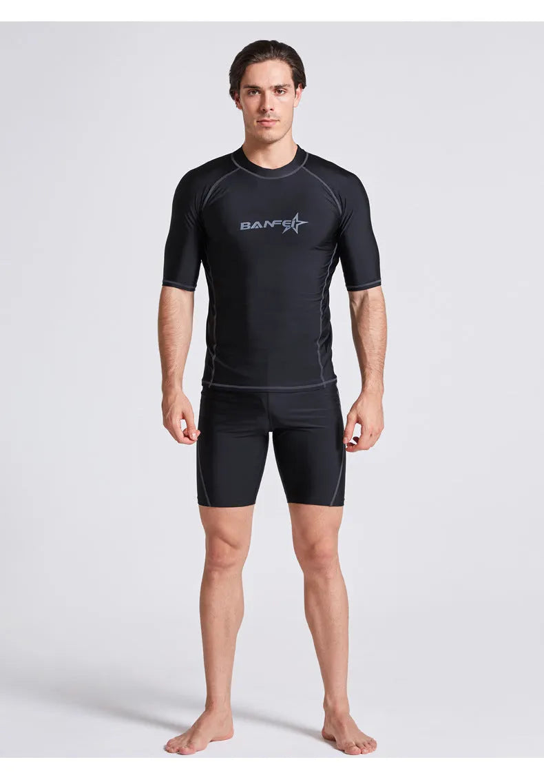 Men's quick-dry nylon swimsuit top and pants set for surfing and snorkelling.