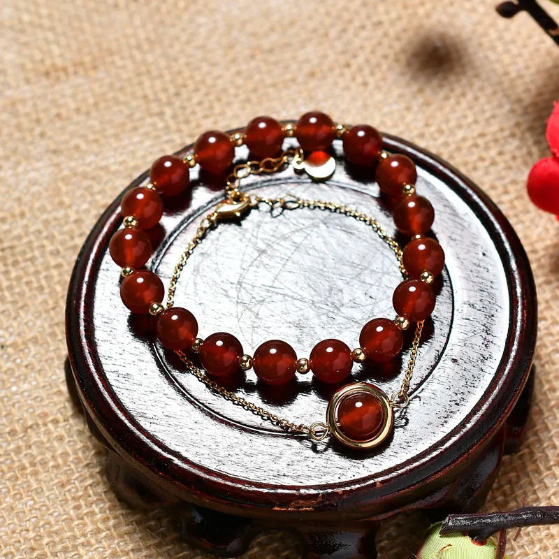 Double-layer strawberry crystal bracelet with lucky beads on copper with electroplated real gold finish