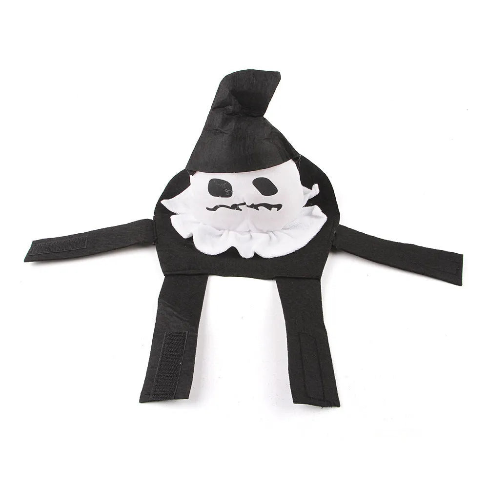 Dog wearing a PP Cotton Halloween pet costume in Ghost colour, side view, available sizes S to XL