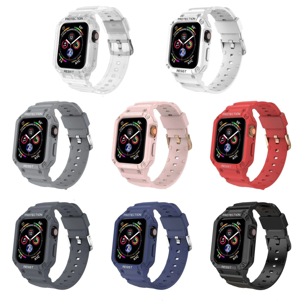 Apple Watch Series 8 protective case with integrated soft TPU sport strap in multiple colour options
