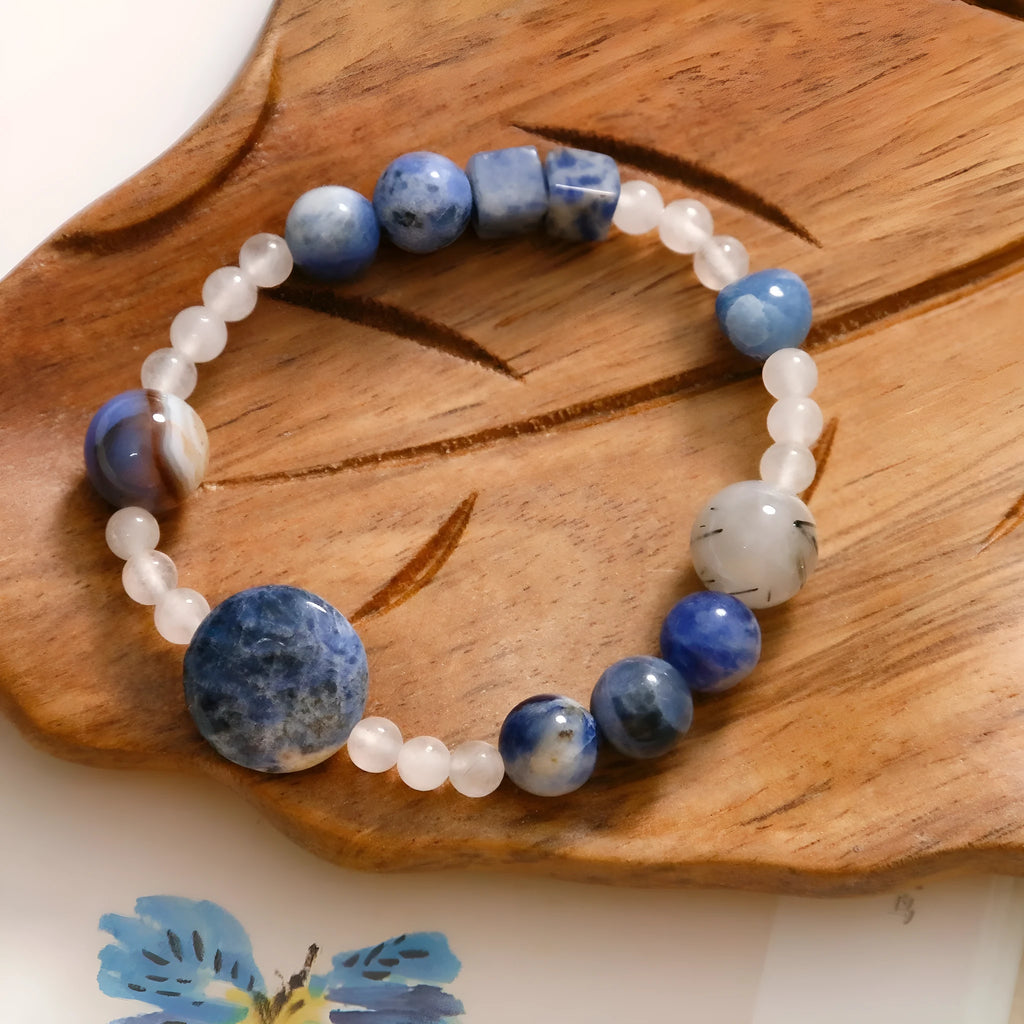 Natural blue point stone and black hair crystal agate hand-woven unisex bracelet with round and oval geometric beads