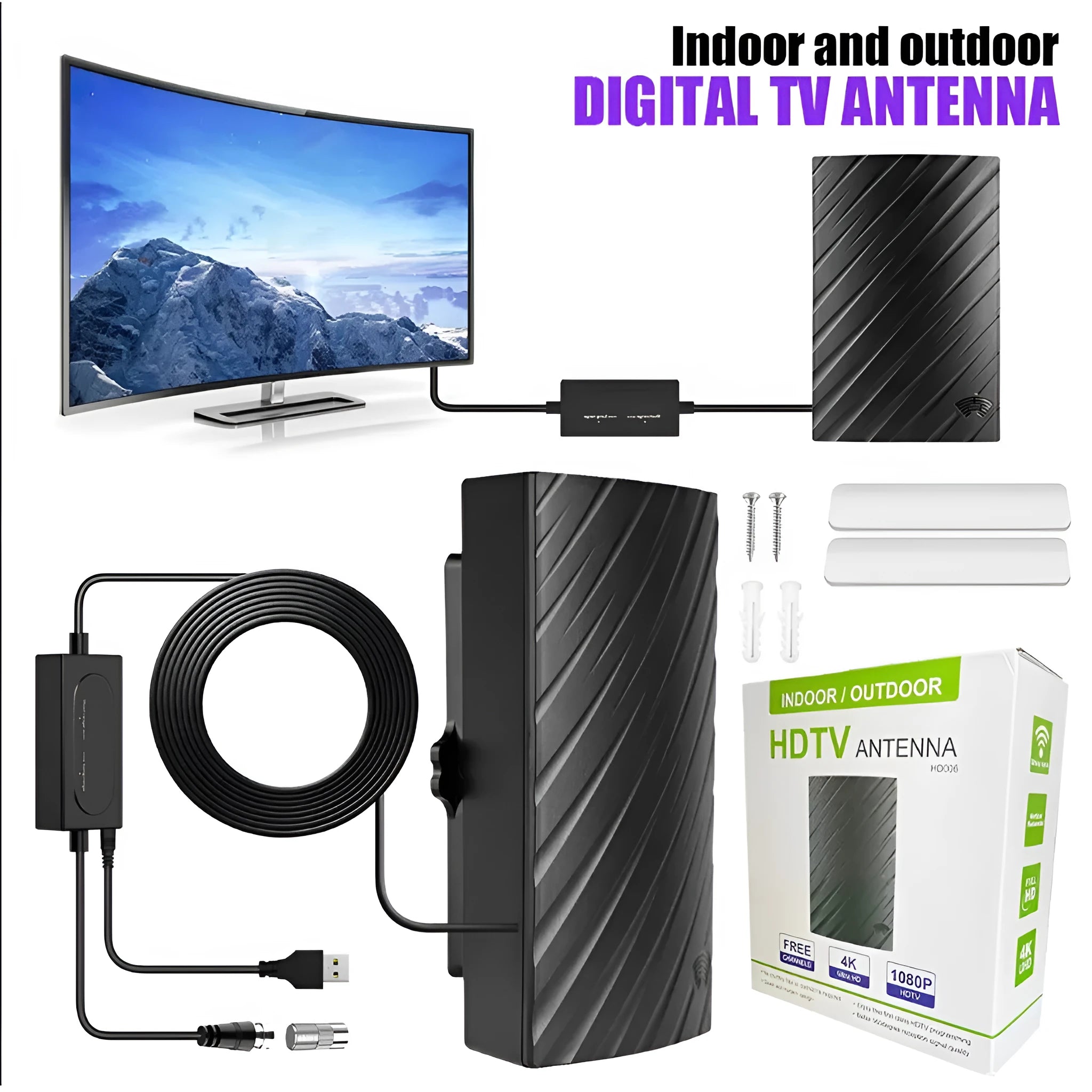 Black digital HD television antenna with mounting screws, expansion tubes, cable ties, and adhesive tape.