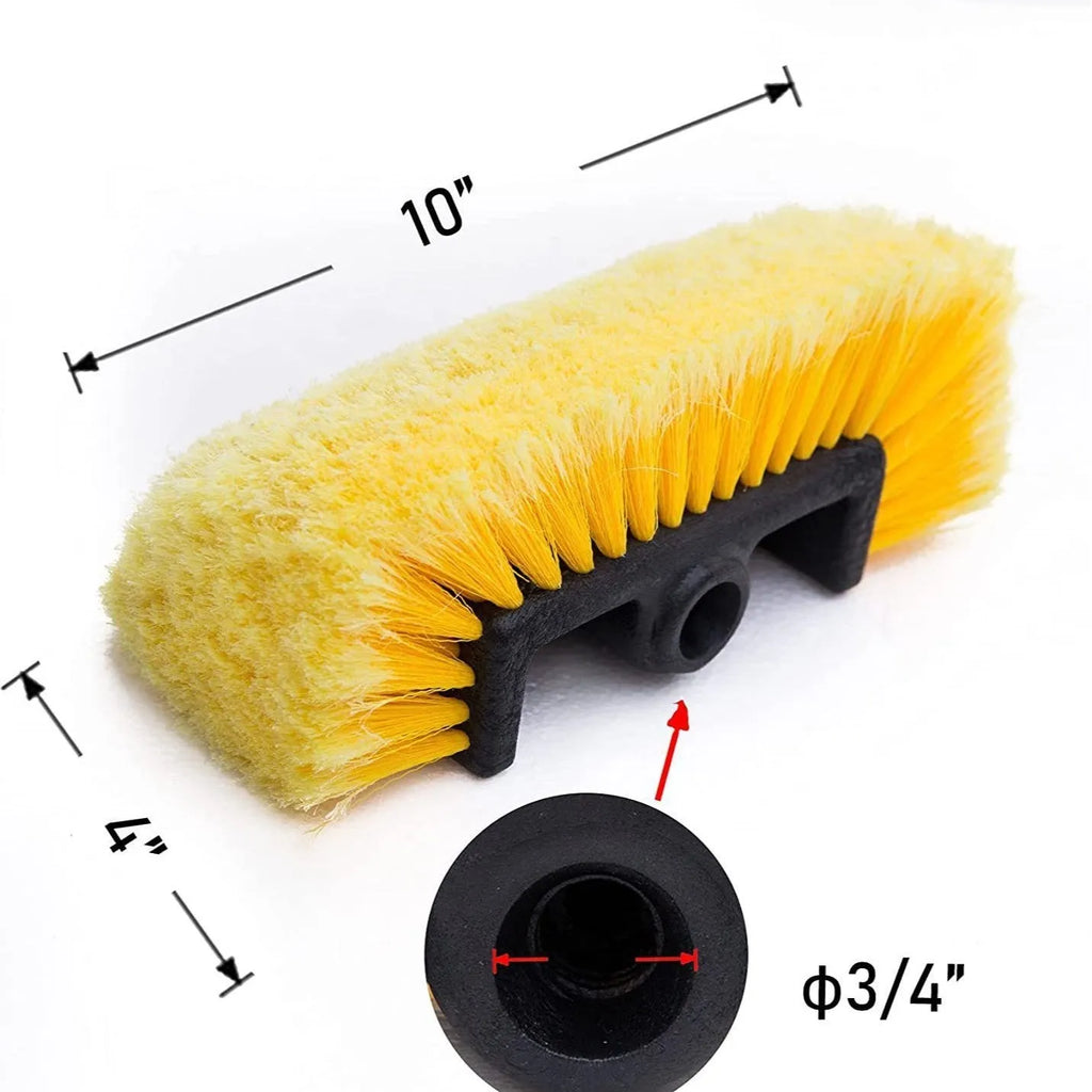 Yellow portable car wash brush with four-section rod on a clean car surface, showing flow-through design