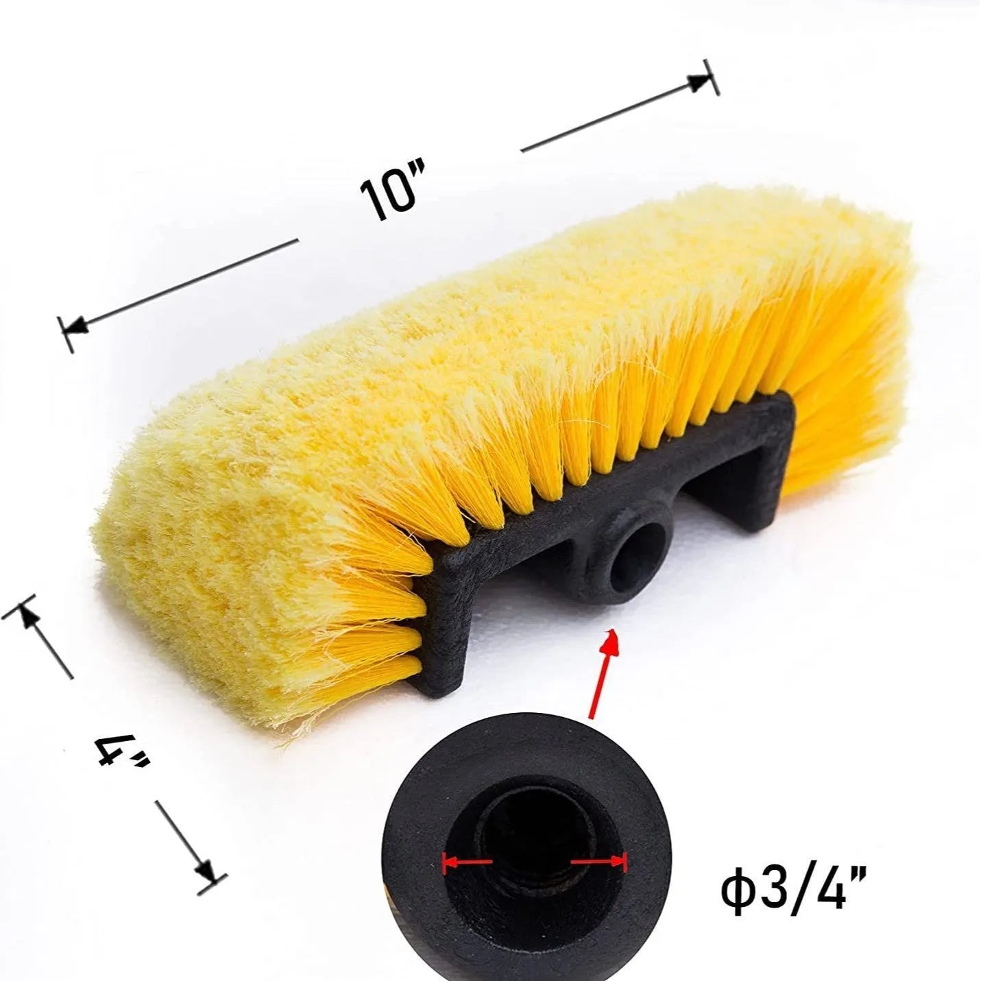 Yellow portable car wash brush with four-section rod on a clean car surface, showing flow-through design