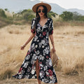Yellow floral summer dress with V neck and elastic waist on mannequin