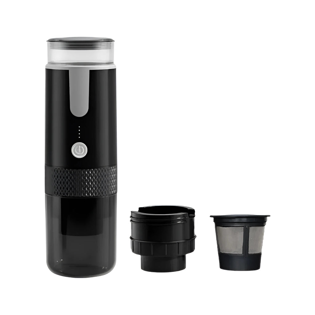 Black portable wireless coffee machine for outdoor camping and car travel with K-cup compatibility