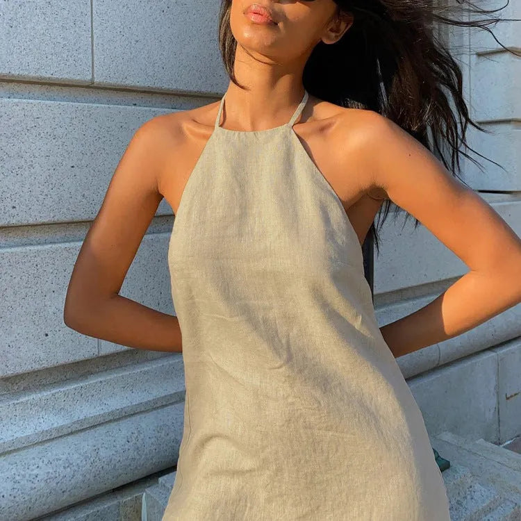 Women's summer linen A-line dress in solid colour, shown on model, available in sizes S M L