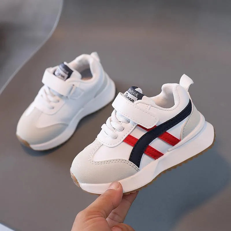 Children's synthetic leather sneakers with Velcro closure in white, beige, and khaki colours
