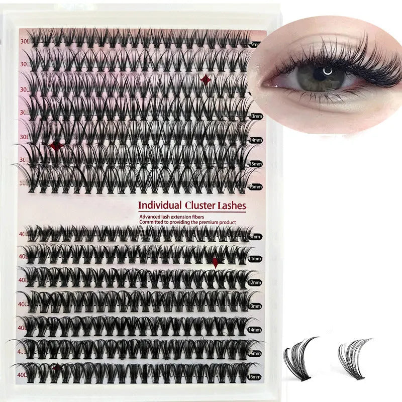 DIY mixed pack of cluster false eyelashes showing boxes of 30D, 40D, and combination lashes with tweezers.