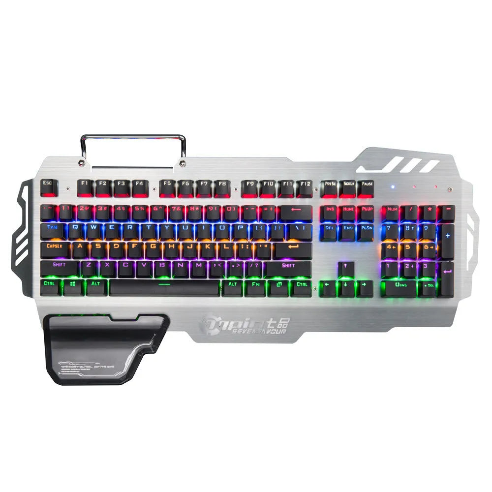Silver Green Axis wired gaming keyboard with metal panel and wrist splint on desktop
