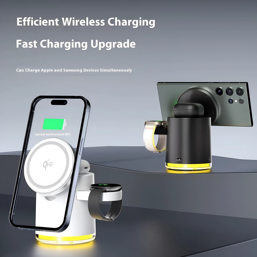 C16 magnetic folding three-in-one wireless charger showing phone, watch and earphone charging simultaneously