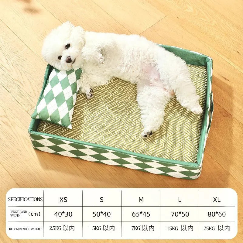 Rattan cat bed mat in blue colour showing size options for pet sleeping area