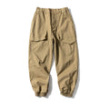 Solid colour large pocket tapered casual pants in black, ankle tie design, cotton loose fit Japanese retro style